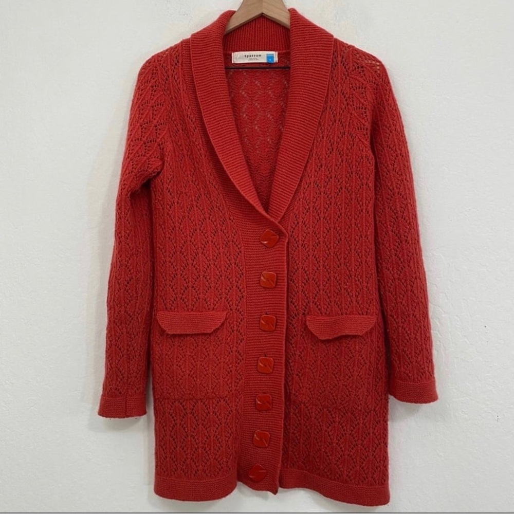 Sparrow Women’s S Coral Lambswool Open Knit Button Front Cardigan Sweater - Picture 2 of 4